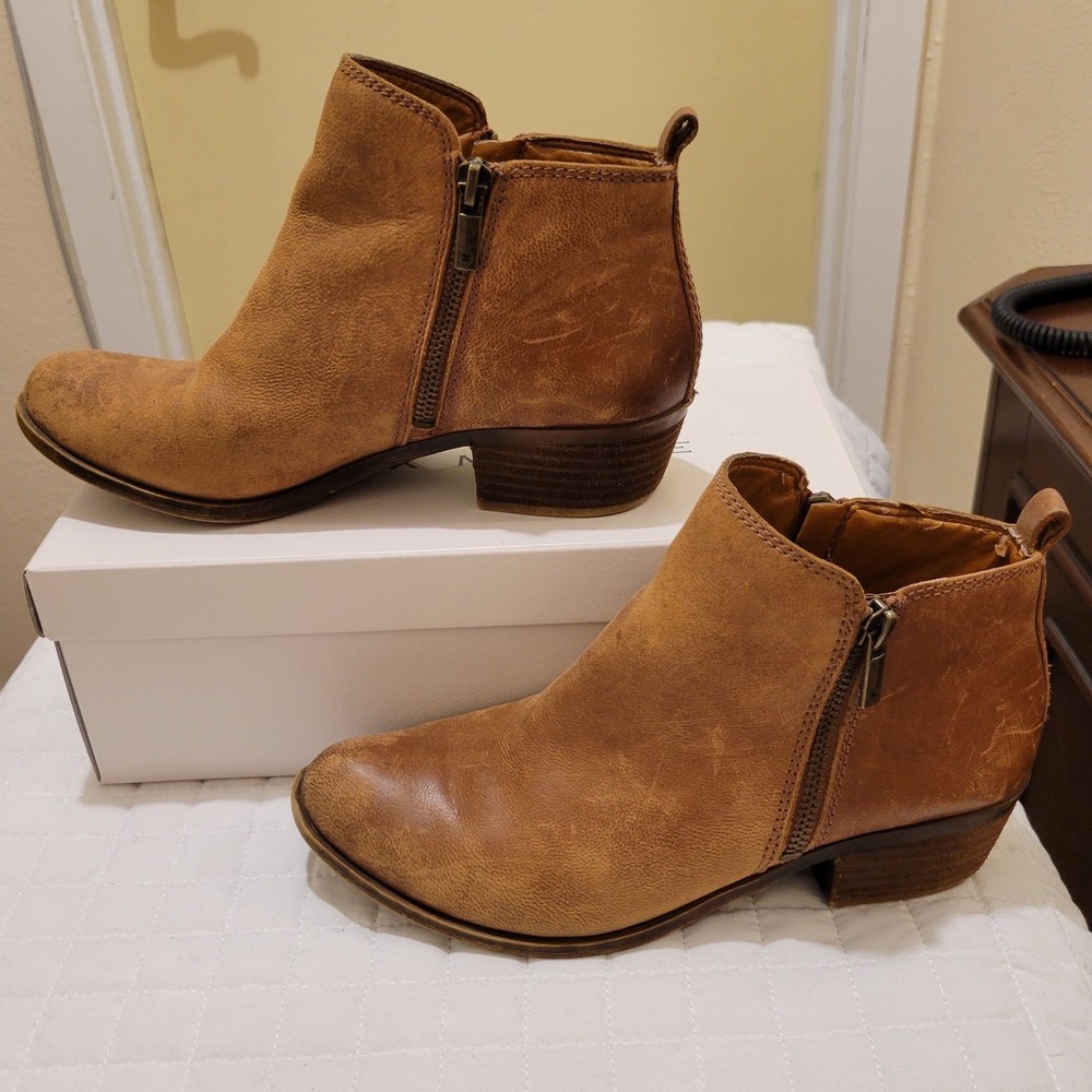 Lucky Brand Size 7 Tan Cognac Basel Ankle Leather Booties Coastal‎ Cowgirl Cute